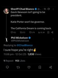 Screenshot from Mickelson's X post regarding Katie Porter and Gavin Newsom / Source: @PhilMickelson on X